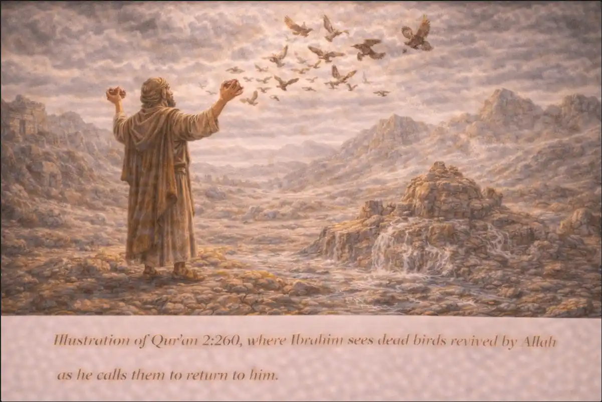 Illustration for Qur’an 2:260 — Ibrāhīm witnesses birds revived by Allah.