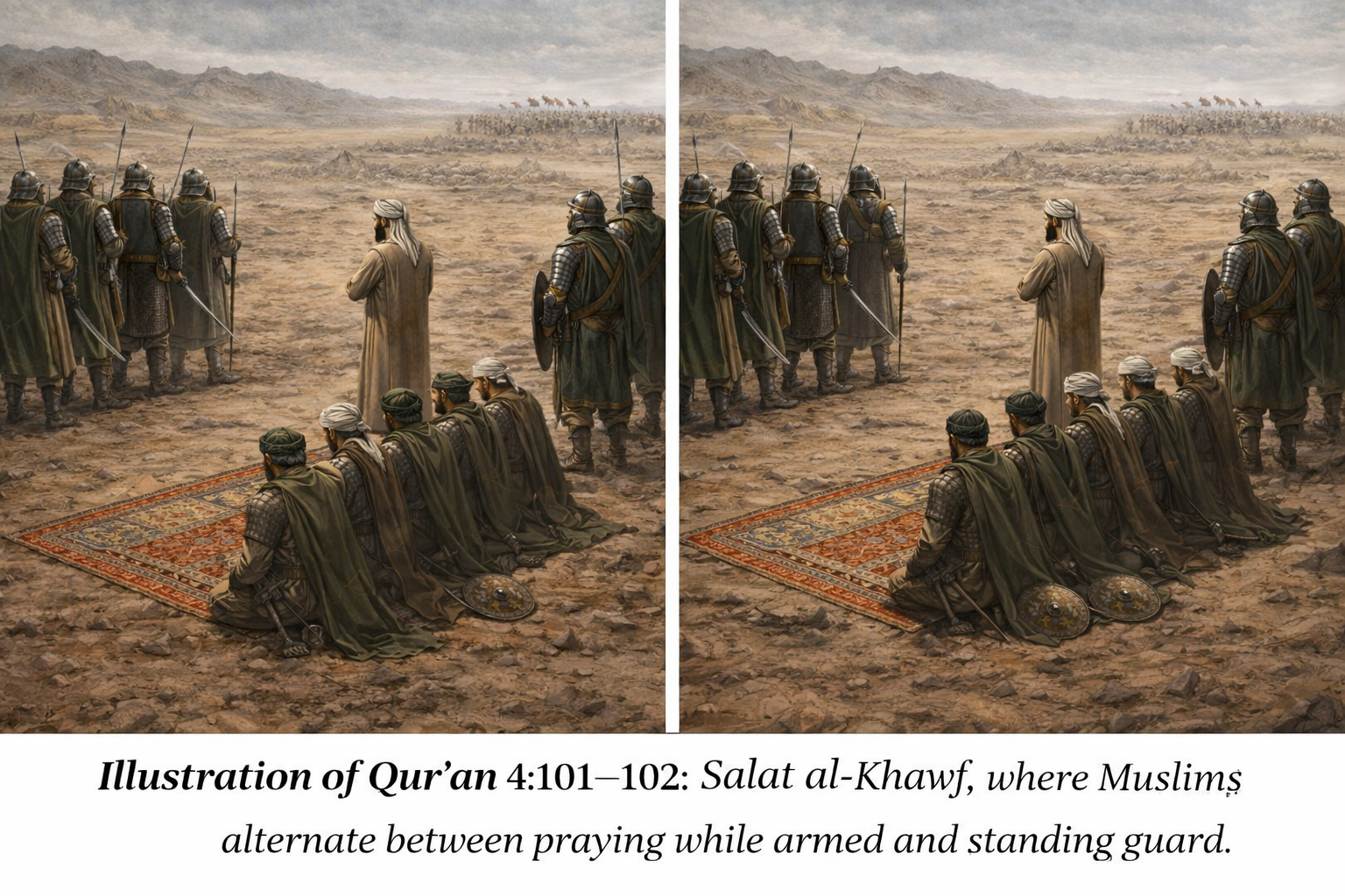 Salat during danger: imam in front, congregation behind, guards standing watch