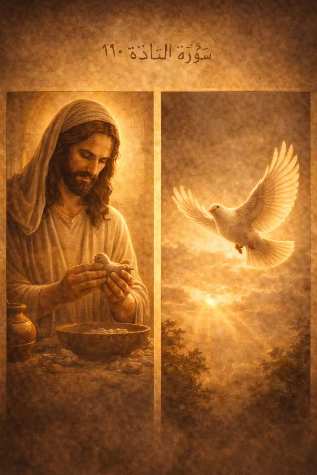 Illustration for 5:110 — Jesus forms a bird from clay, then it flies (by Allah’s permission).